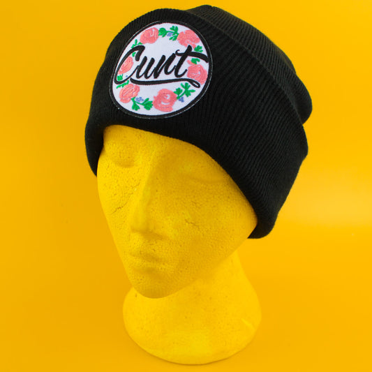 CUNT FLORAL PATCH BLACK BEANIE - PACK OF 3 - Extreme Largeness Wholesale