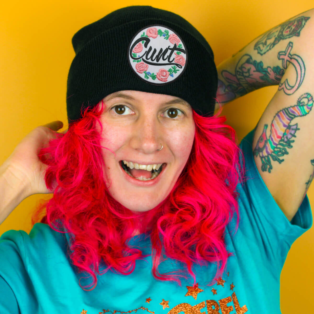 CUNT FLORAL PATCH BLACK BEANIE - PACK OF 3 - Extreme Largeness Wholesale