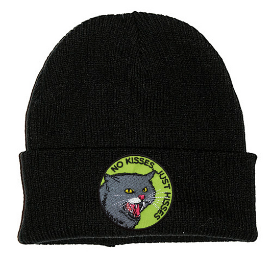 NO KISSES, JUST HISSES PATCH BLACK BEANIE - PACK OF 3 - Extreme Largeness Wholesale