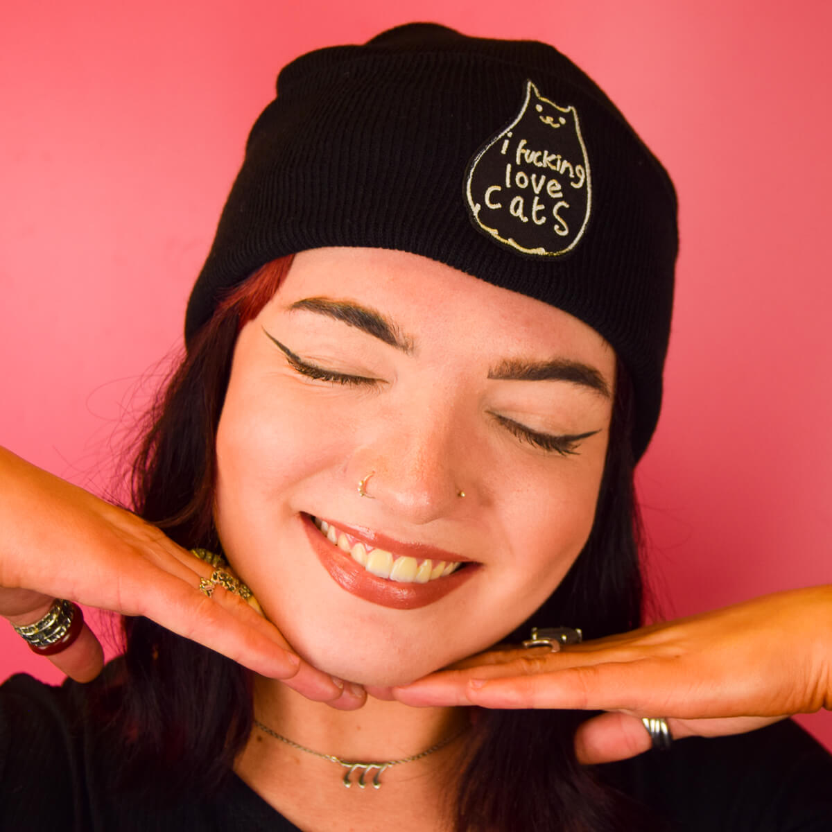 I FUCKING LOVE CATS PATCH BLACK BEANIE - PACK OF 3 - Extreme Largeness Wholesale