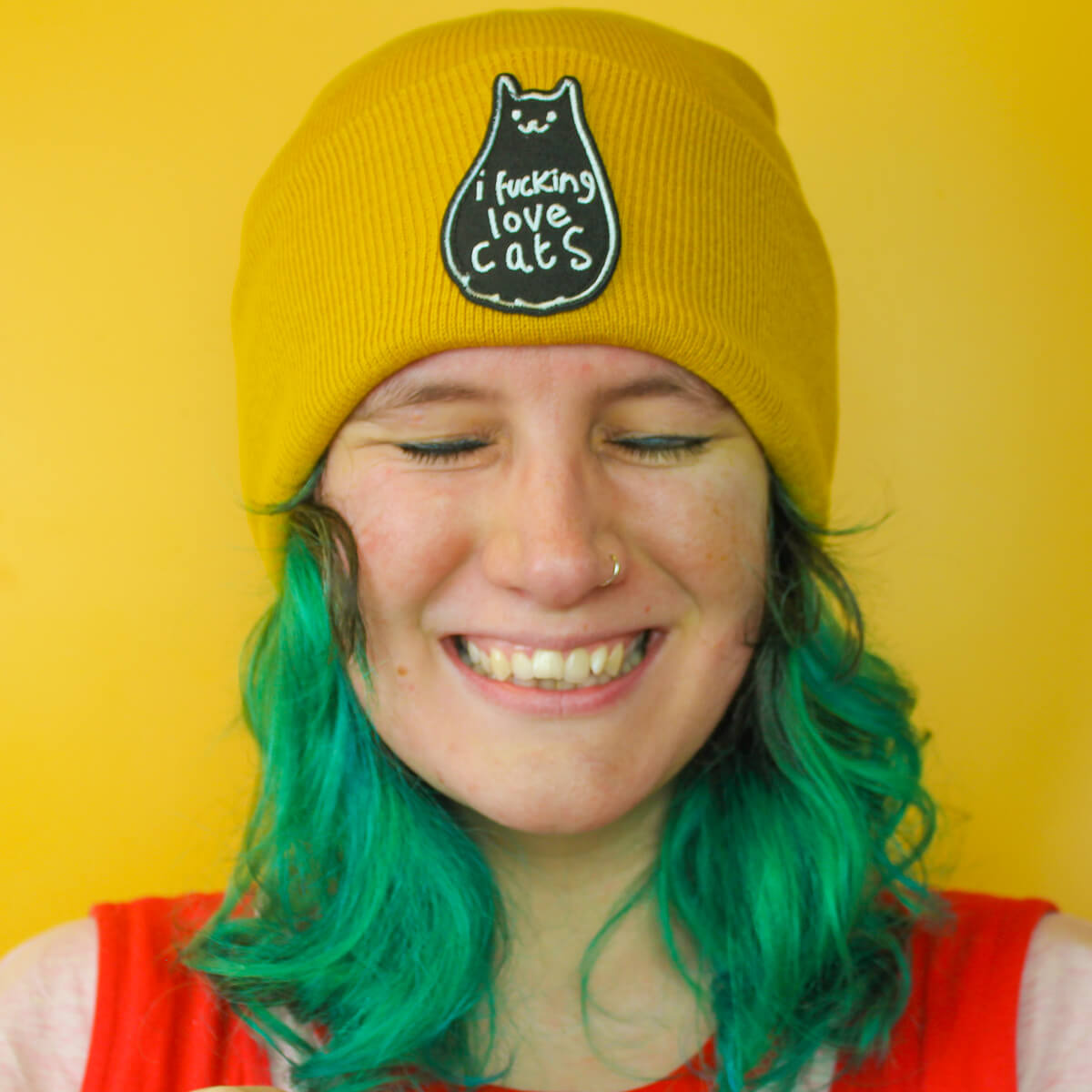 I FUCKING LOVE CATS PATCH MUSTARD BEANIE - PACK OF 3 - Extreme Largeness Wholesale