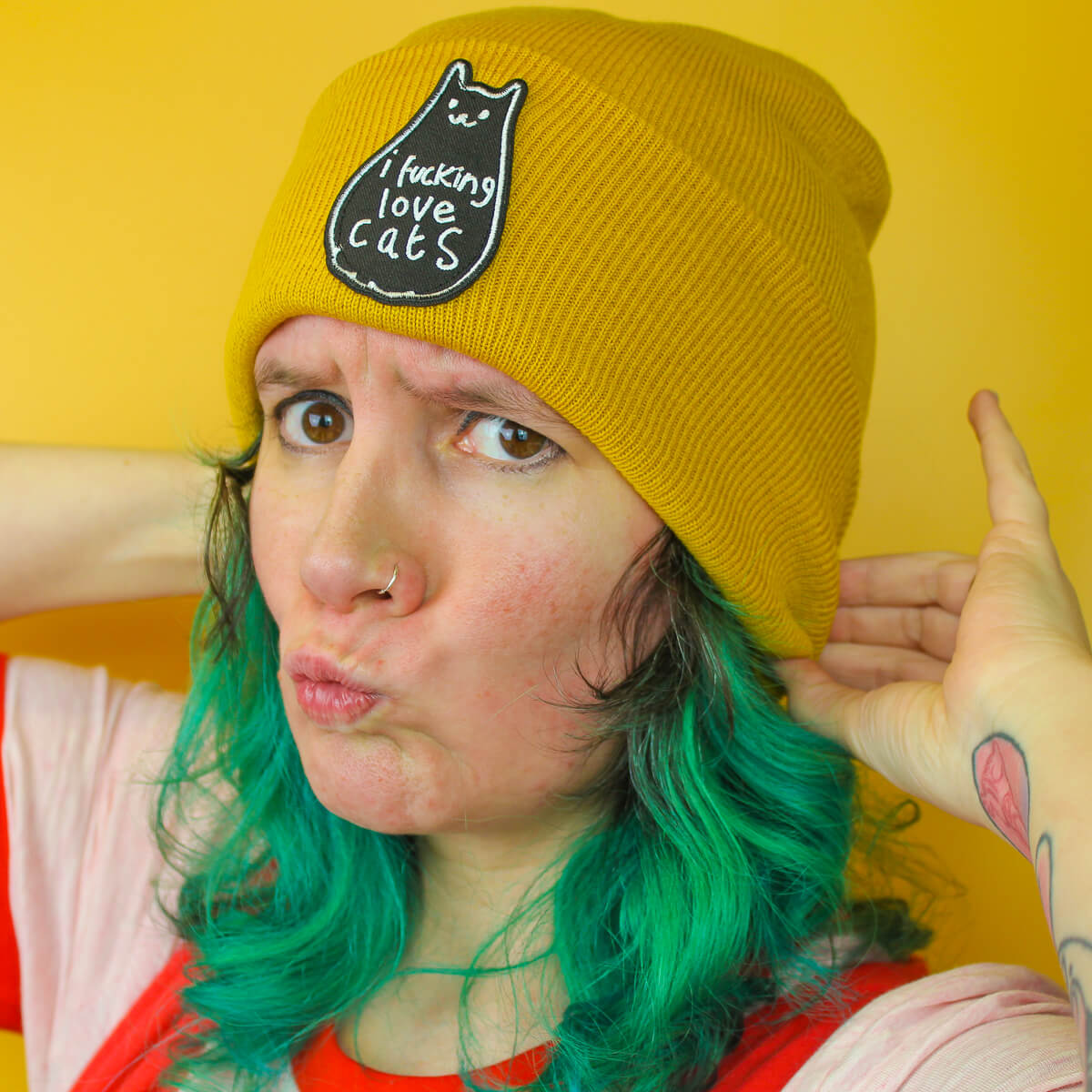 I FUCKING LOVE CATS PATCH MUSTARD BEANIE - PACK OF 3 - Extreme Largeness Wholesale