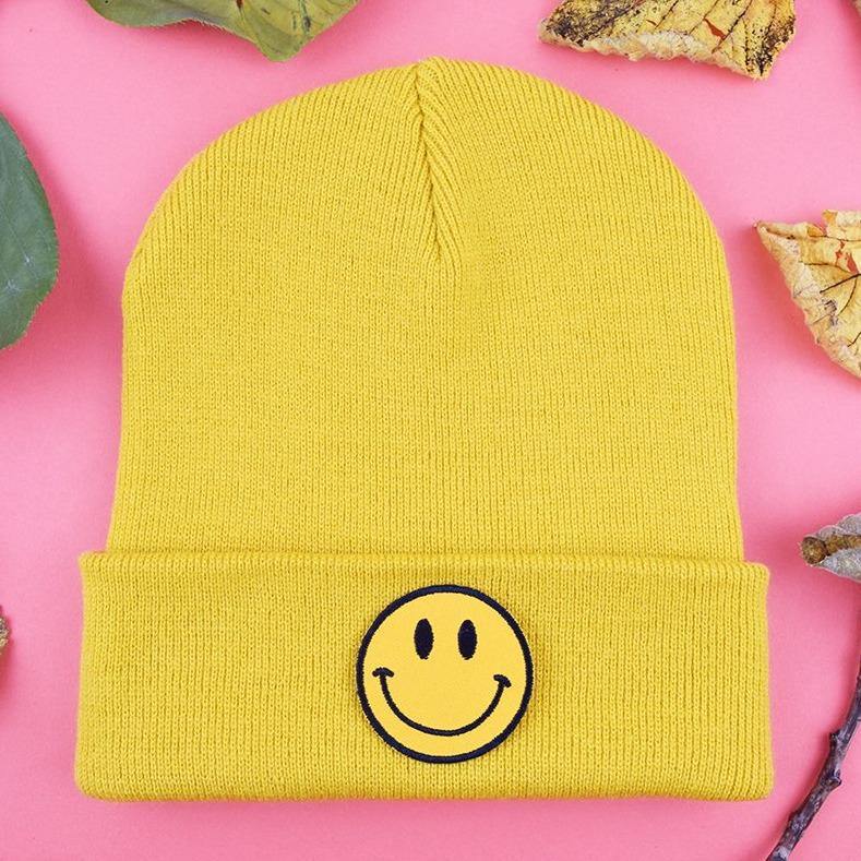 SMILEY PATCH MUSTARD BEANIE - PACK OF 3 - Extreme Largeness Wholesale