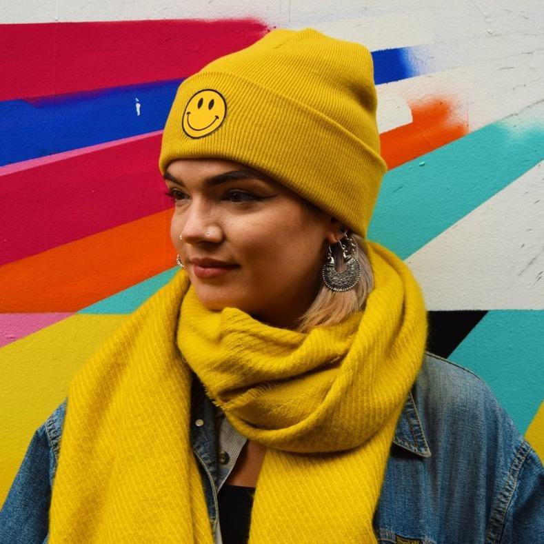 SMILEY PATCH MUSTARD BEANIE - PACK OF 3 - Extreme Largeness Wholesale