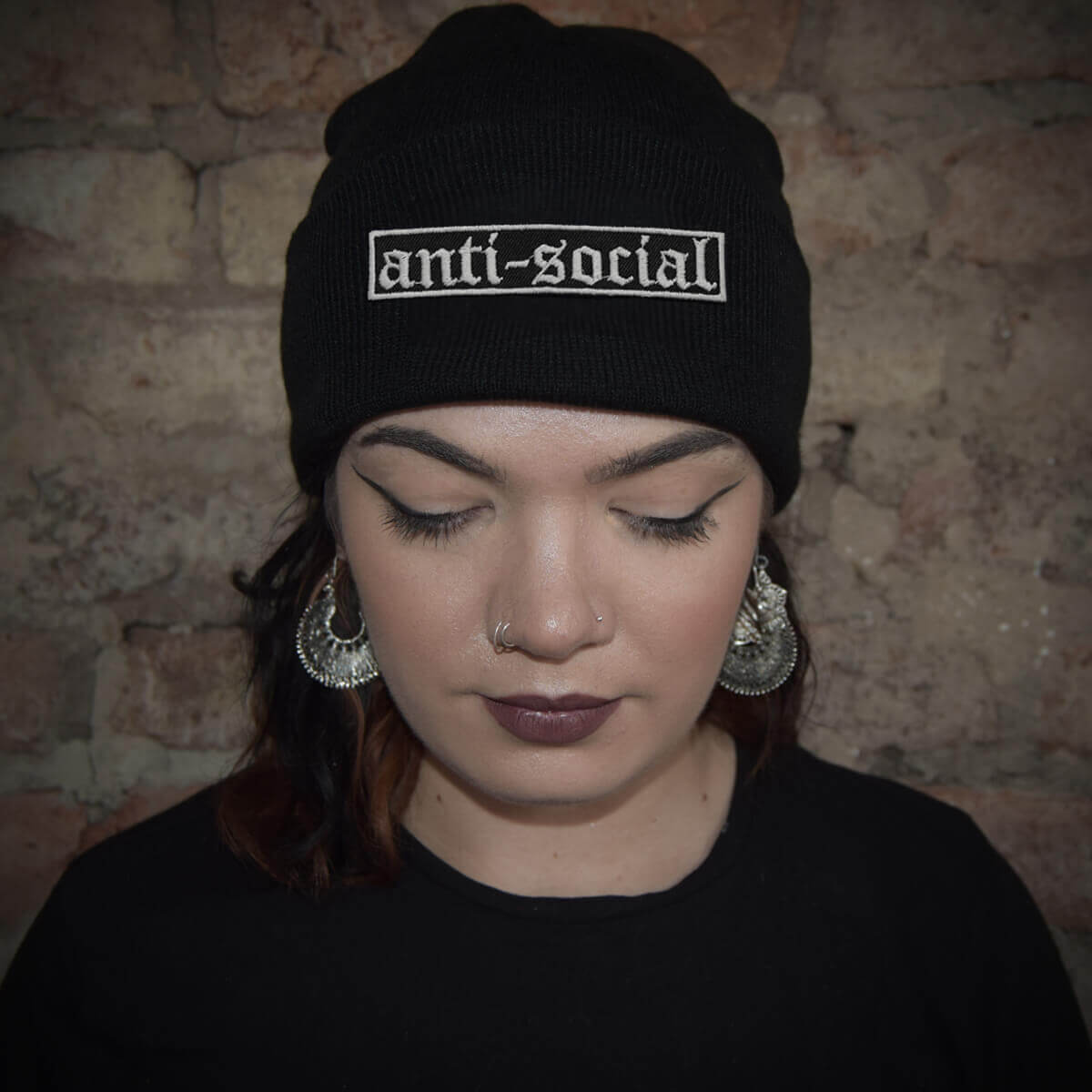 Anti-social Gothic Patch Black Beanie | Extreme Largeness Wholesale