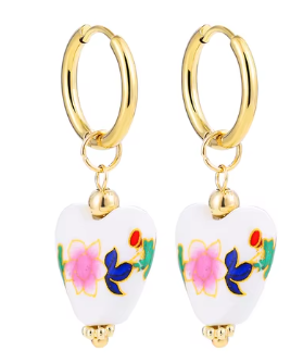 ER988 Ceramic Gold Hoops Pink Flowers