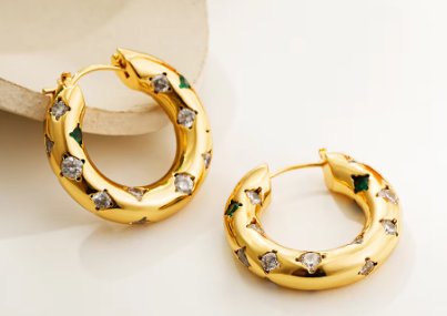 ER983 Gold Hoop With Green & White Gems