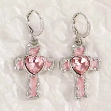 ER1136 Pink Heart Cross Hoop Earrings