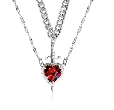 LNK654	Red Gem Heart & Sword Necklace