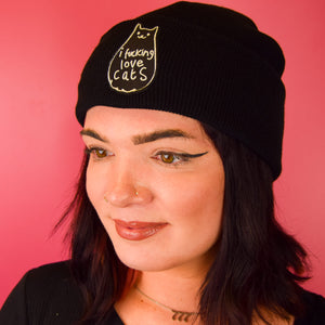 I FUCKING LOVE CATS PATCH BLACK BEANIE - PACK OF 3